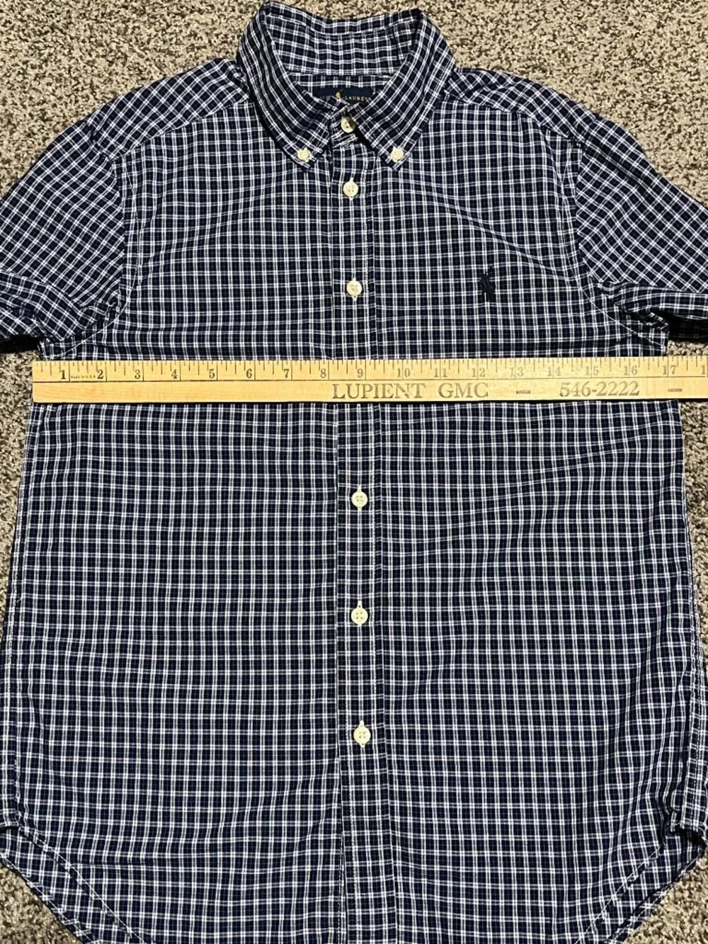 Ralph Lauren Boys Medium 10/12 Button Down Shirt Navy Gingham Plaid Pony Cotton